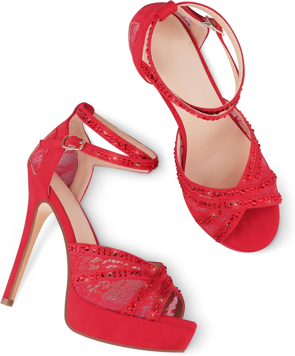 Women's Platform Heels Peep Toe Pumps Sexy Mesh Stilettos Sparkly Rhinestone High Heels Ankle Strap Shoes for Party Dance Prom - Image 5