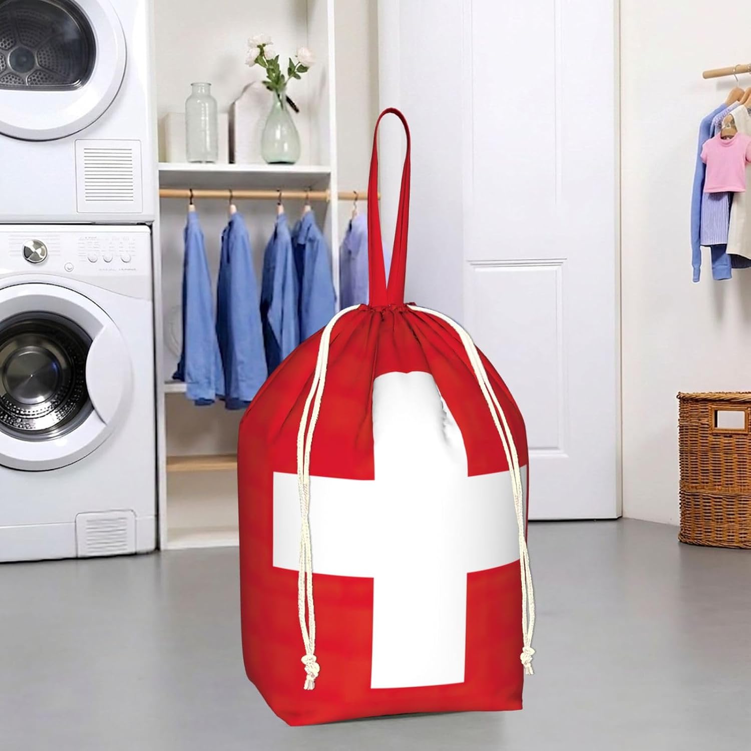 Oxford Swiss Flag Print Large-capacity drawstring laundry bag with Handles for Dorm,Hotel
