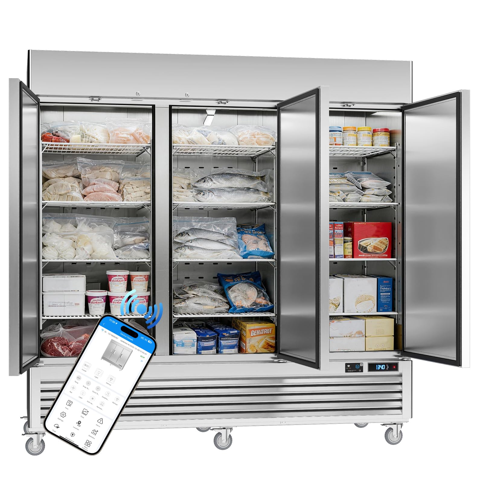 VEECOOL Commercial Upright Freezer WiFi-Enabled, 82" Solid Door Stainless Steel Reach in Freezer with 12 Shelves, Bottom Mounted, Auto Defrost, LED Lighting, Digital Control, ETL&amp;ETL Sanitation