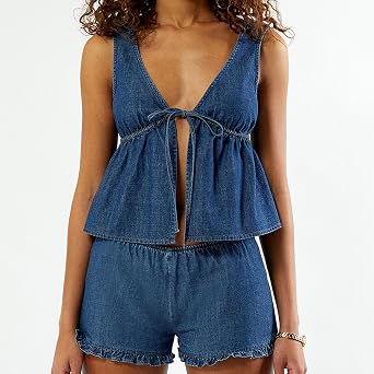 Yoawdats Women's Denim 2 Piece Set Casual Sleeveless Jean Blazer Vest Tops and Shorts Business Outfit Jeans Tracksuits