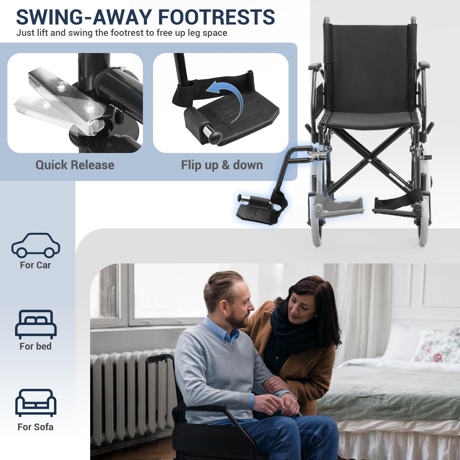 monicare Folding Transport Wheelchair, Heavy-Duty Wheel Chair with Flip-Back Armrest and Swing-Away Footrest, 17 Inch Wide Seat Transport Chair for Adults Seniors, 300Lbs Capacity, Black