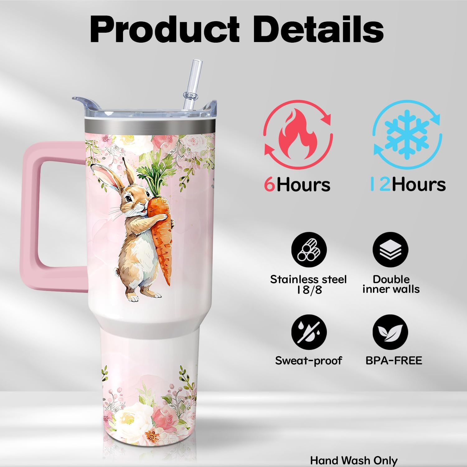 40oz Rabbit Stainless Steel Tumbler with Handle and Straw, Bunny Insulated Cup Travel Coffee Mug Water Bottle with Lid and Straw, Animal Lovers Women Gifts - Image 3