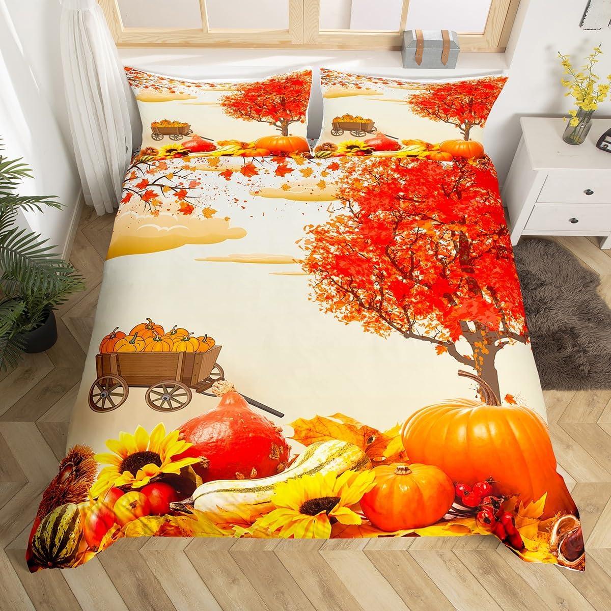 Fall Kids Duvet Cover Set King Size,Autumn Pumpkin Maple