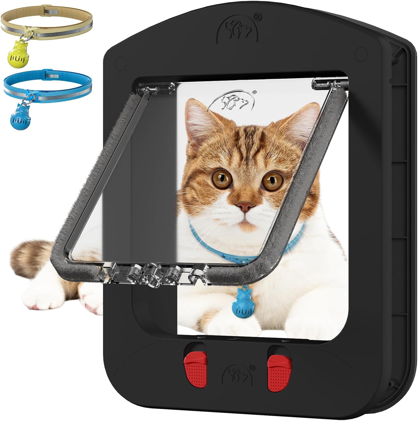 Smart Cat Door with Collar Sensor and 2pcs of Cat Magnetic Collars | 4 Way Locking Pet Door for Interior Door and Exterior Door, (Black)