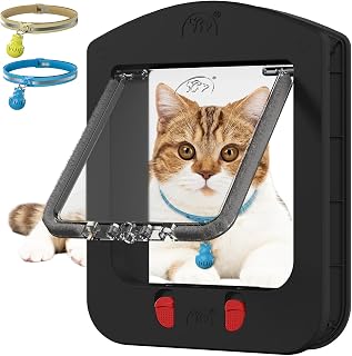 Smart Cat Door with Collar Sensor and 2pcs of Cat Magnetic Collars | 4 Way Locking Pet Door for Interior Door and Exterior Door, (Black)