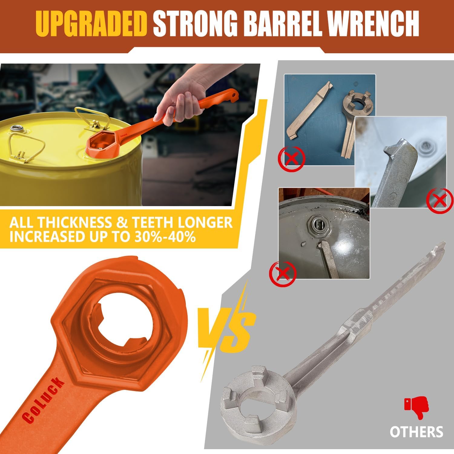 Bung Wrench, 3-in-1 Drum Wrench Upgraded, Aluminum Barrel Opener Tool for Opening 10 15 20 30 55 Gallon Drum, Fits 2" and 3/4" Bung Cap Orange image 3