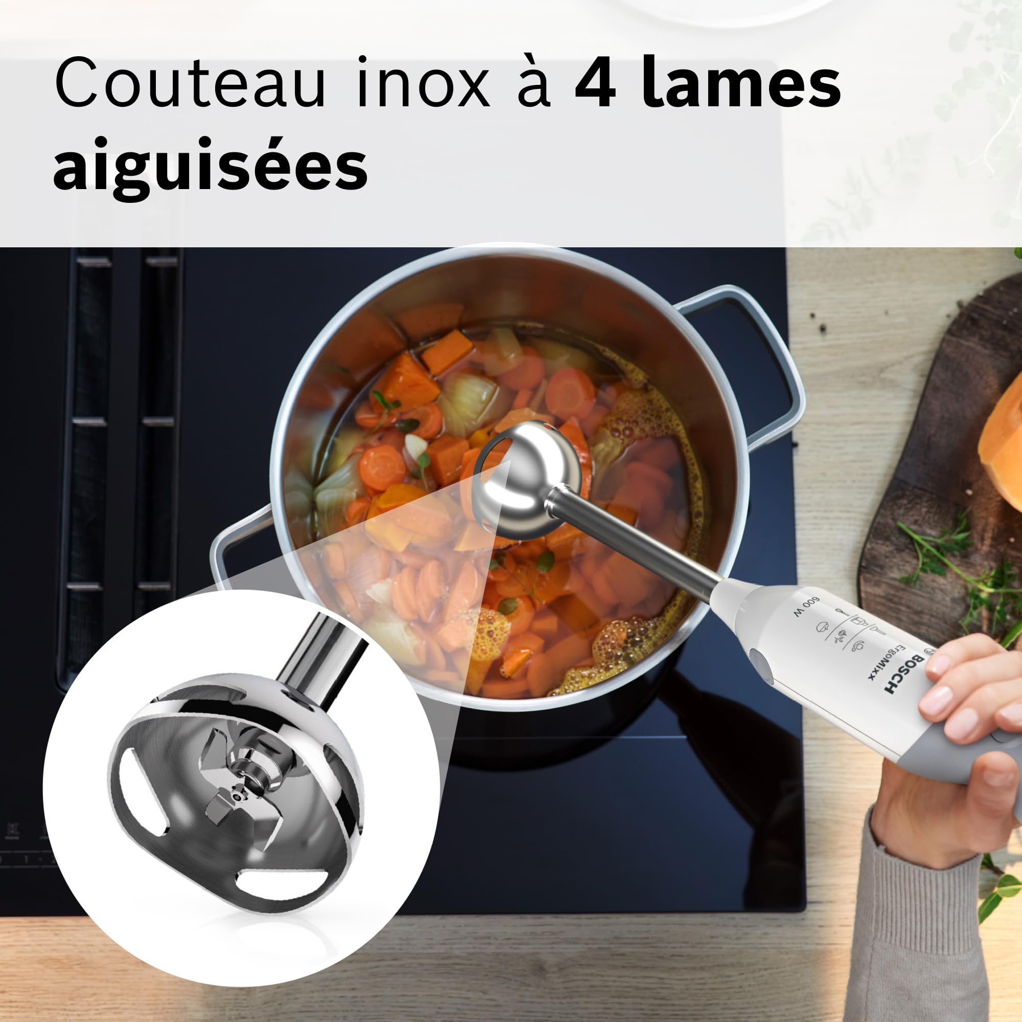 Bosch Mixeur plongeant ErgoMixx, moteur 600 W, 2 vitesses, gobelet doseur, blanc/gris, MSM66110