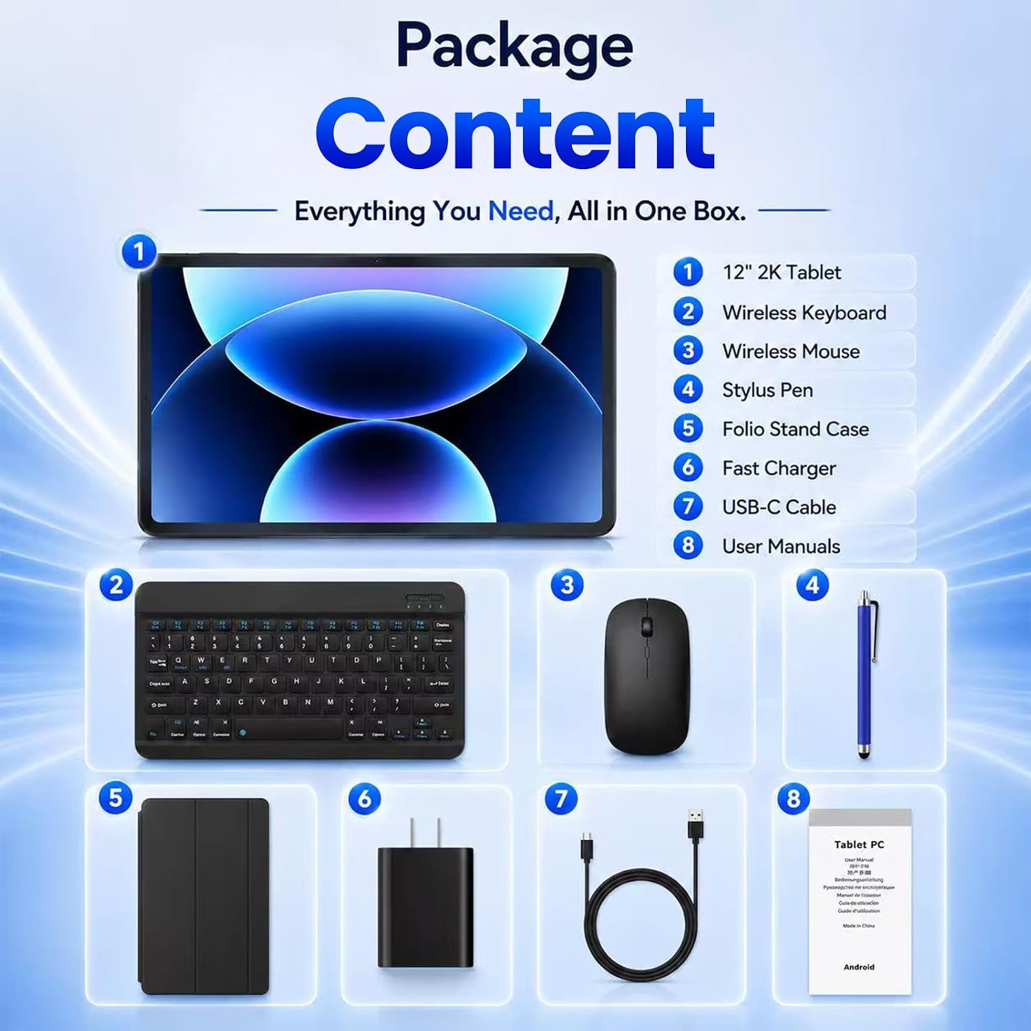 ECOPAD Android 16 Tablet with Keyboard/Mouse/Stylus, 12 Inch Tablets, Black | 48GB RAM (8+40) 256GB ROM, 2K Display 90Hz, 10000mAh Battery, Octa-Core, Dual Speakers, 13MP Camera, WiFi 6