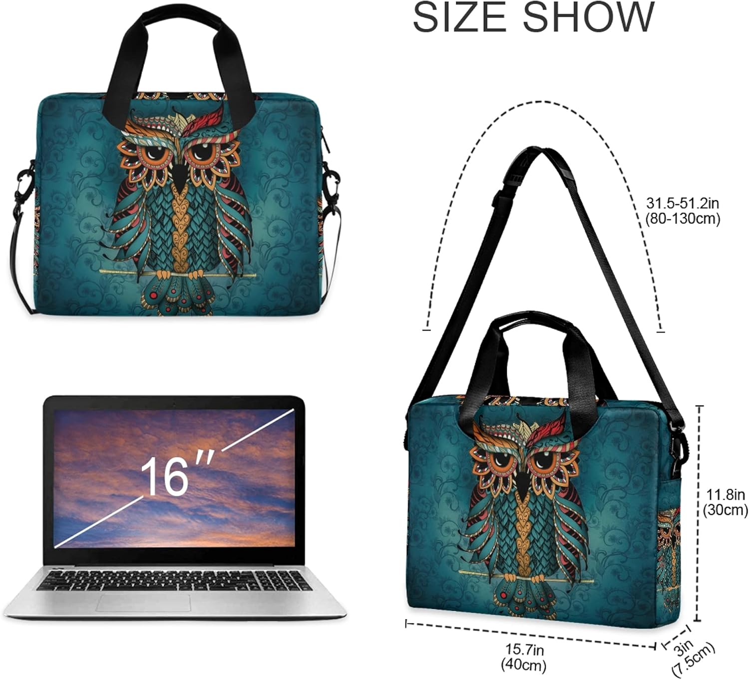ALAZA Owl Print Boho Ethnic Laptop Case Bag Sleeve Portable Crossbody Messenger Briefcase w/Strap Handle, 13 14 15.6 inch