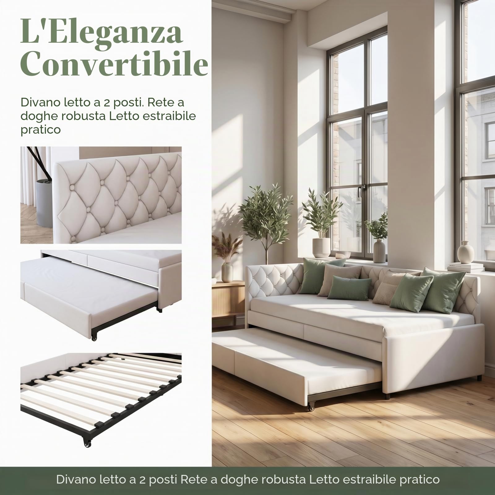 Divano letto estensibile 90/180 x 200 cm, letto matrimoniale divano, letto 2 posti divano letto estraibile, Senza materasso (Beige 1, Velluto, 90/180 x 200 cm)