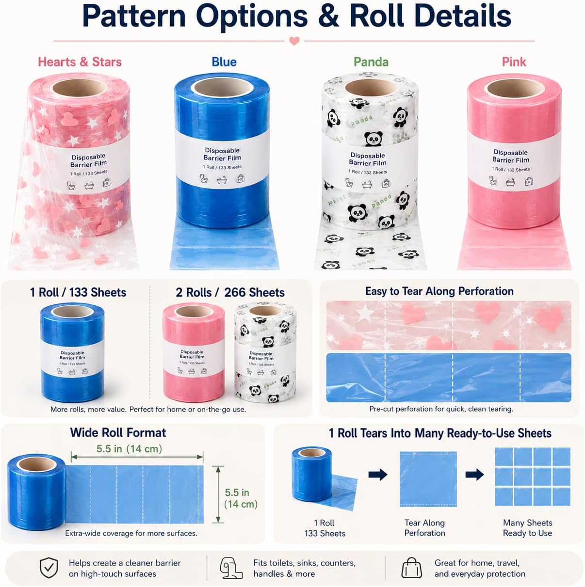Disposable Barrier Film Roll for Toilet Seats, Sinks and Counters，Panda -QZLX