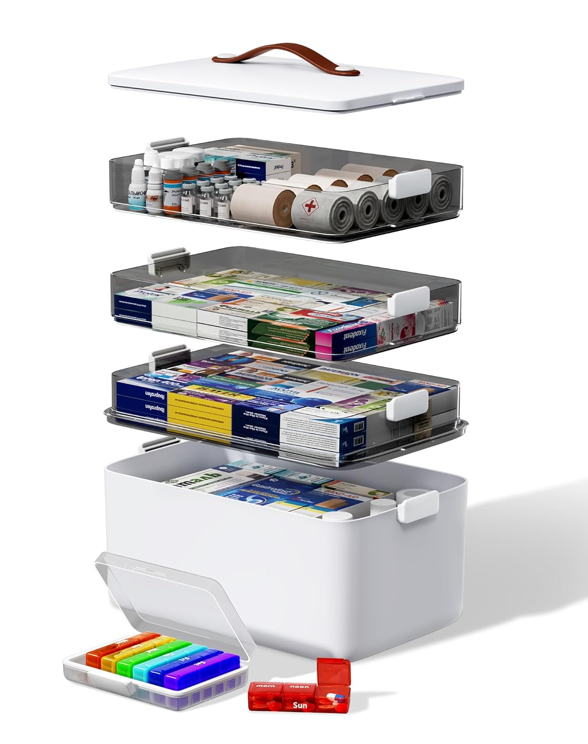 4-Tier Medicine Cabinet Organizer with Leather Handle Empty Plastic First Aid Kit Multipurpose Storage Box with A Portable