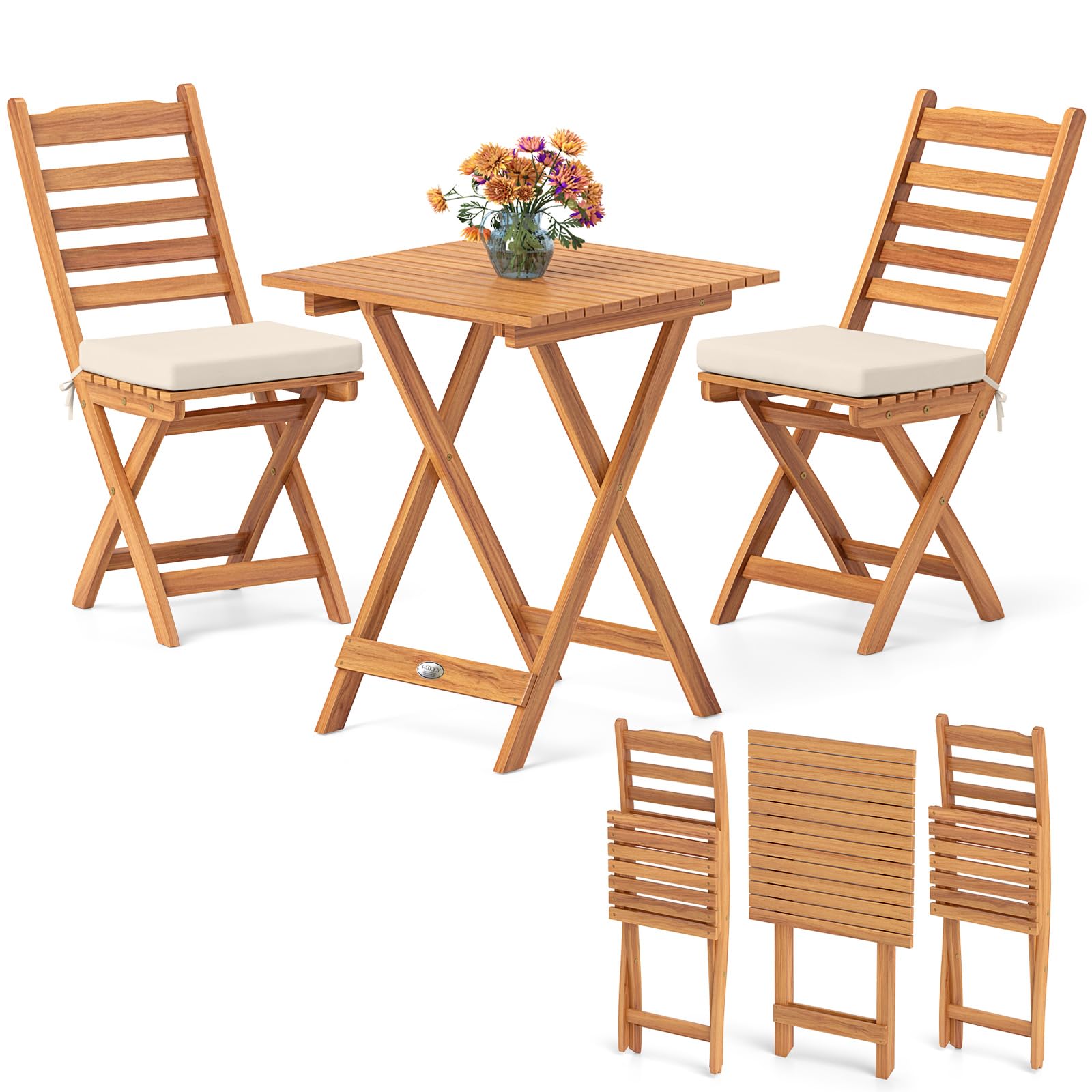 KOMFOTTEU Salon de Jardin en Bois d'Acacia 3 Pièces Pliable pour Balcon