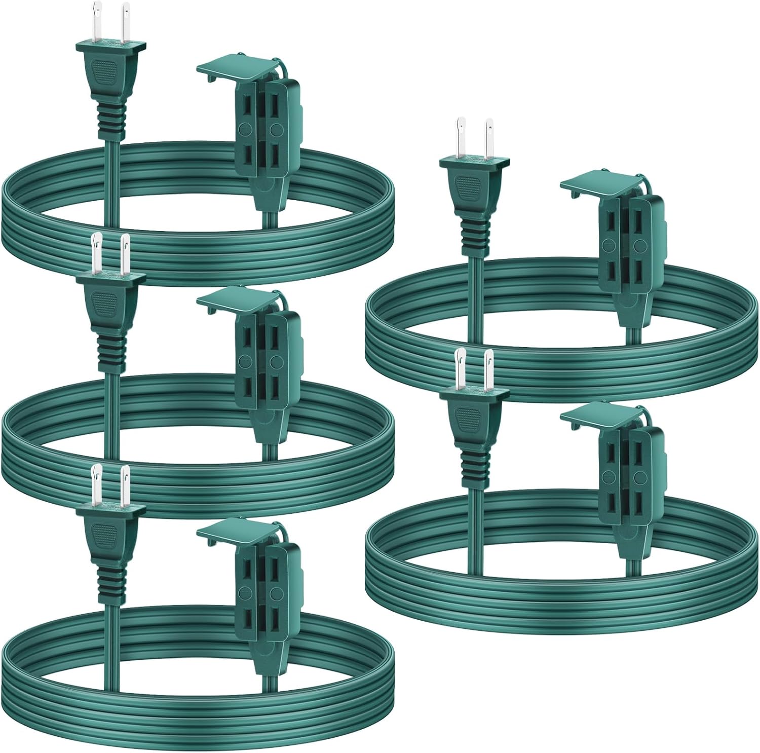 5 Pack Christmas Indoor Extension Cord 6 ft Extension Cord Outdoor with Safety Cap 3 Outlet 16gauge 2 Prong Polarized Outlets for Home Christmas Tree String Lights Decor Connect Extend (Green)