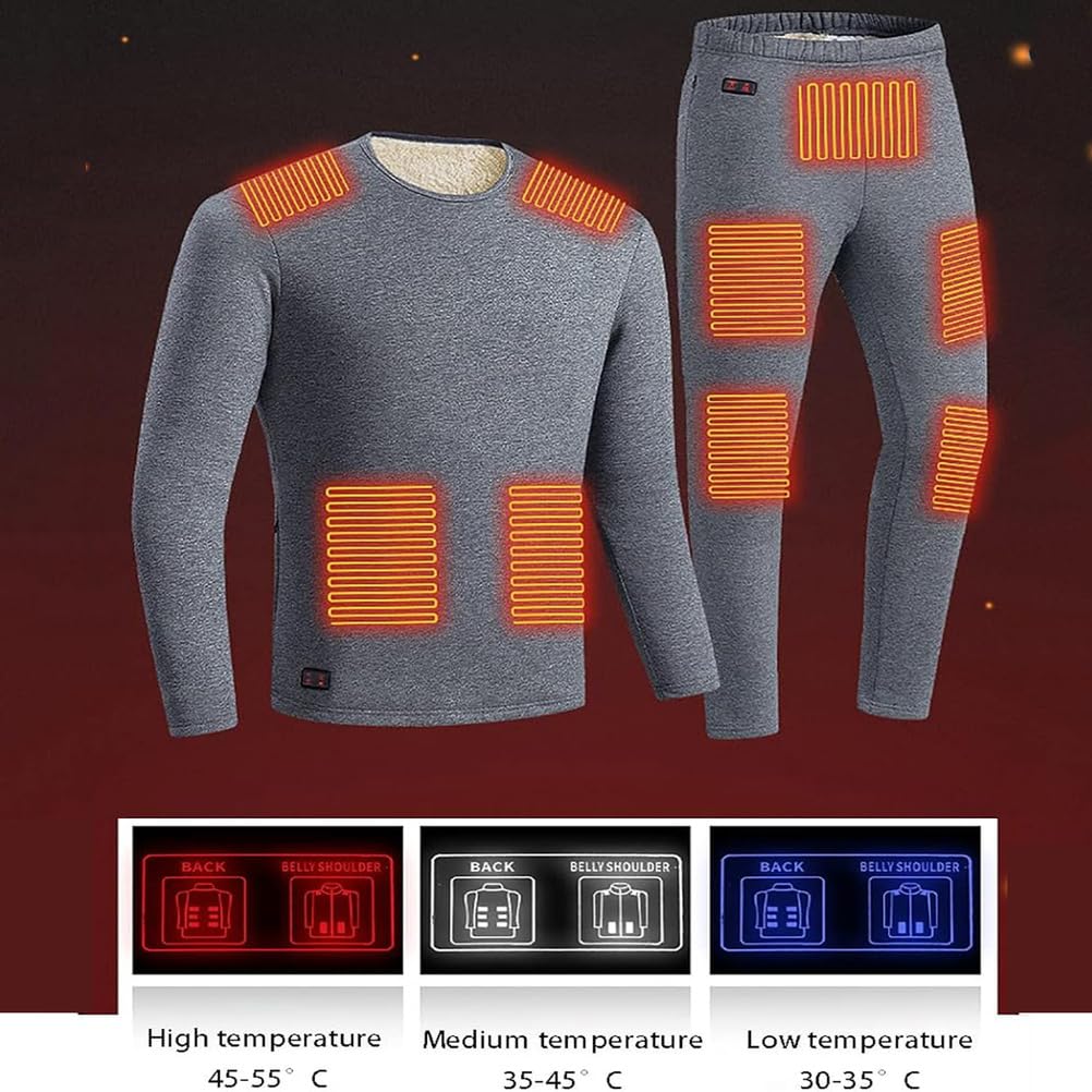 Conjunto de Ropa Interior Térmica Calefactada para Hombre, Conjunto de Camiseta y Pantalón Térmicos Calefactados Inteligentes USB de 18 Zonas, Capa Base Calefactada para Invierno,Negro,XL