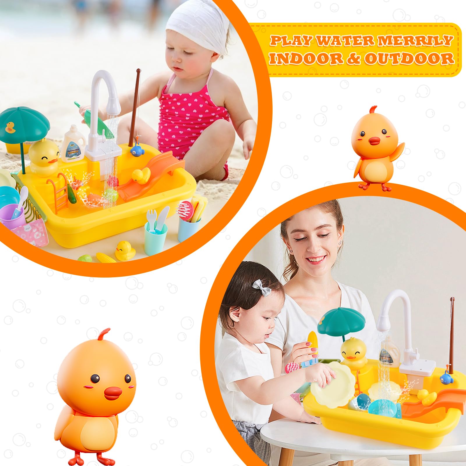 Fregadero de juego con agua corriente, juguetes de fregadero de cocina, juguetes flotantes de pesca para juegos de agua, juguete de lavavajillas para niños (tema de pato)