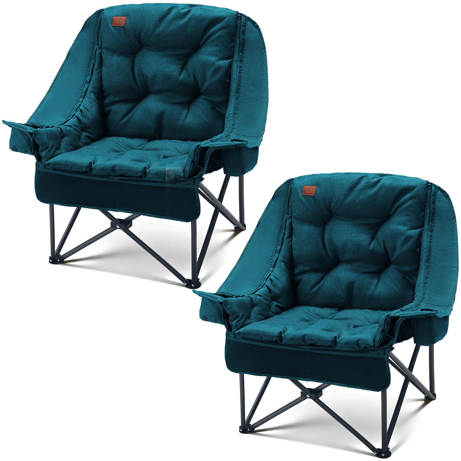 EVER ADVANCED 2-in-1 Oversized Camping Chair, Heavy Duty Folding Chair with 6cm Removable Padded Cushion, 180kg Capacity, Cup Holder & Side Pocket for Fishing, Garden, Green, 2P