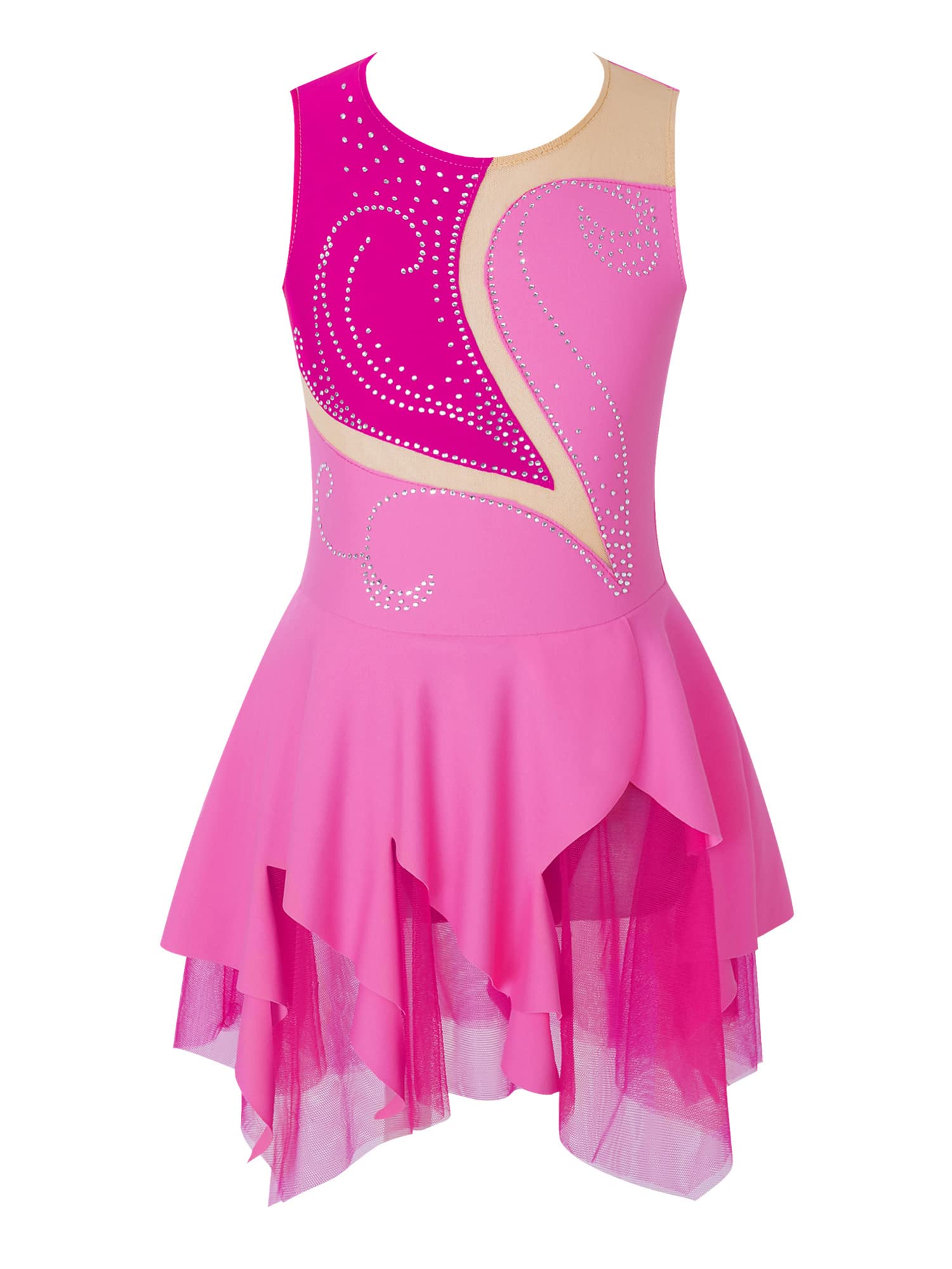 IEFIEL Vestido de Patinaje Artístico para Niña Maillot Ballet con Falda Malla de Gimnasia Rítmica sin Mangas con Lentejuelas Brillantes Vestido de Danza Lírica — view 36