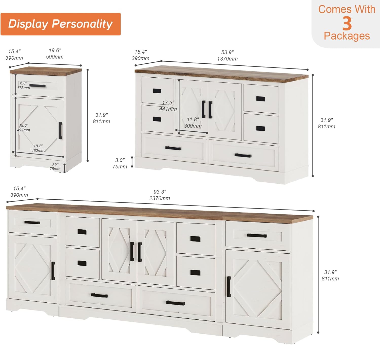 WAMPAT Wooden Dresser Organizer for Bedroom with 6 Drawers and 2 Storage Cabinets,Large Dresser TV Stand for 100 inch TV with Chest of Drawers for Hallway,Entryway,Antique White