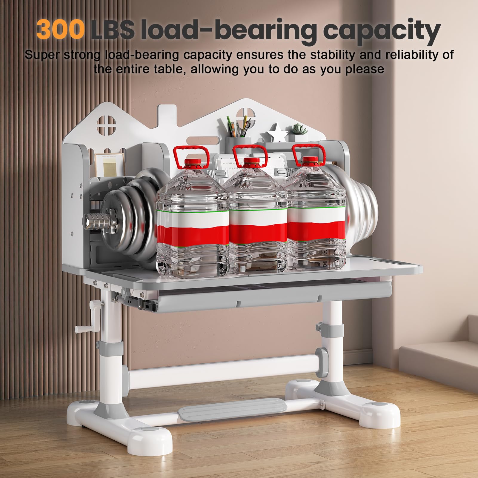 Kids Desk and Chair Set, Height Adjustable Study Desk for Kids Ages 3–12, Easy-Turn Crank Ergonomic Desk with 50° Tiltable Desktop, Storage Drawer & Bookshelf (015-Grey)