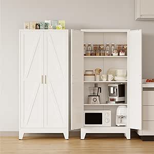 COFaR Metal Storage Cabinet, 61 in Tall with 3 Adjustable Shelves and Barn Doors, White Farmhouse Cupboard for Kitchen, Pantry, Garage, Laundry