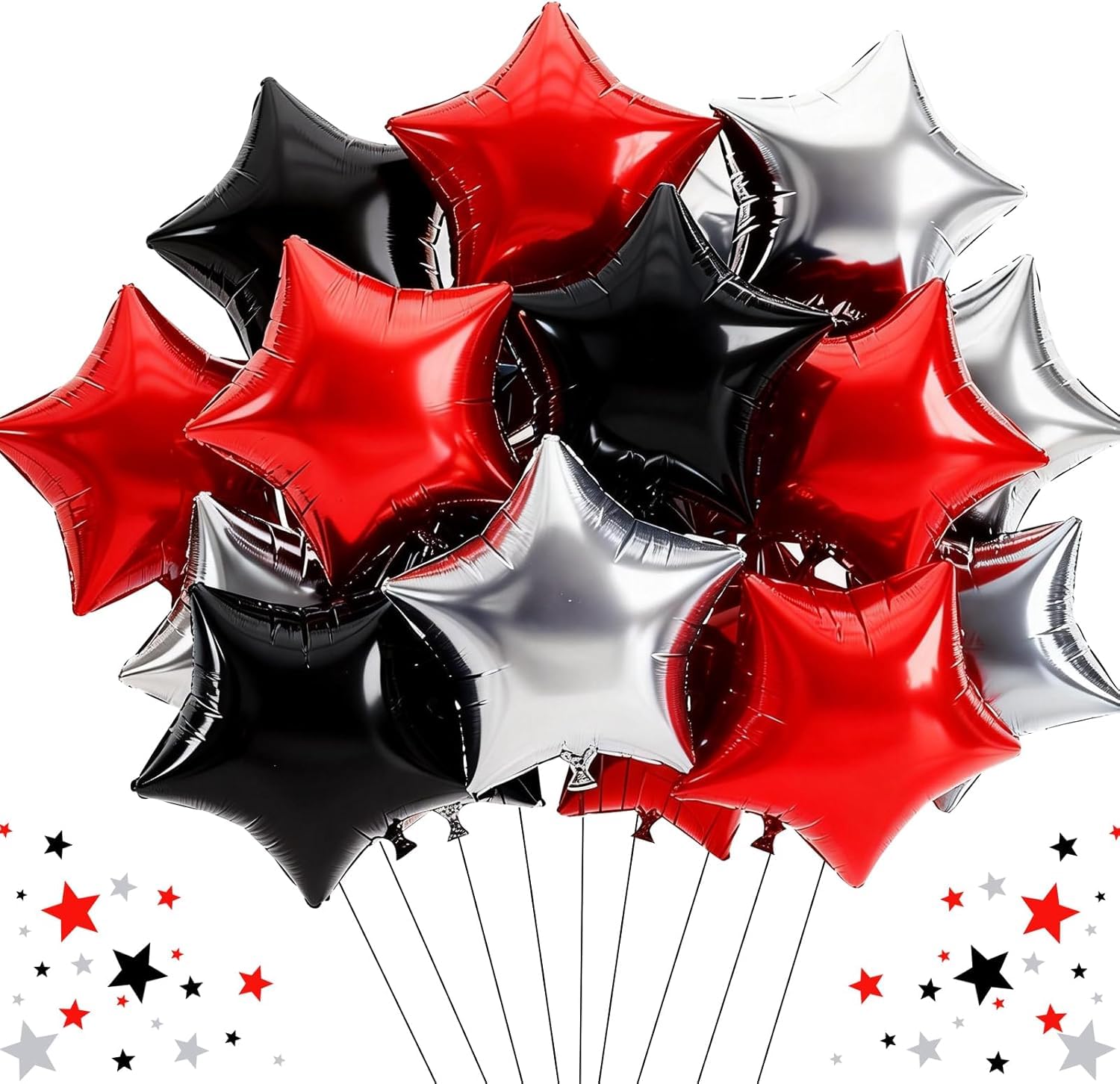 DecoGlee 15Pcs 18 Inch Large Silver Red Black Star Shape Foil Balloons Big Stars Helium Mylar Ballons for Birthday Wedding Bridal Shower Anniversary Engagement Party Decorations Supplies