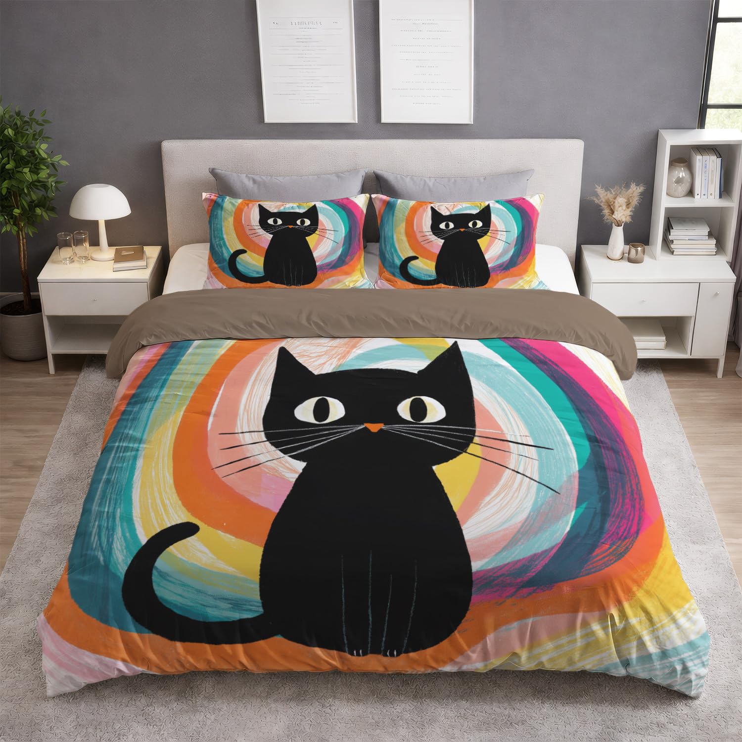 Kreskówka podwójna poszwa na kołdrę 240 x 220 cm miękka mikrofibra zestaw poszewek na kołdrę czarny zabawny kot wielokolorowy druk cyfrowy pościel dla młodzieży i dorosłych z dwoma poszewkami na