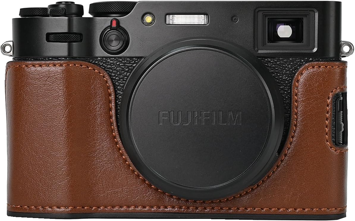 X100V Case, BMAOLLONGB Handmade PU Leather Half Camera Case Bag Cover Bottom Opening Version for Fujifilm X100V with Neck Strap Mini Storage Bag (Coffee)