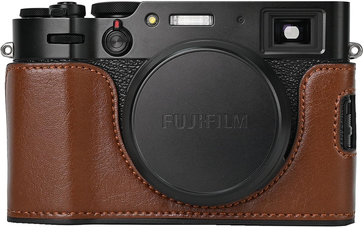 X100V Case, BMAOLLONGB Handmade PU Leather Half Camera Case Bag Cover Bottom Opening Version for Fujifilm X100V with Neck Strap Mini Storage Bag (Coffee)