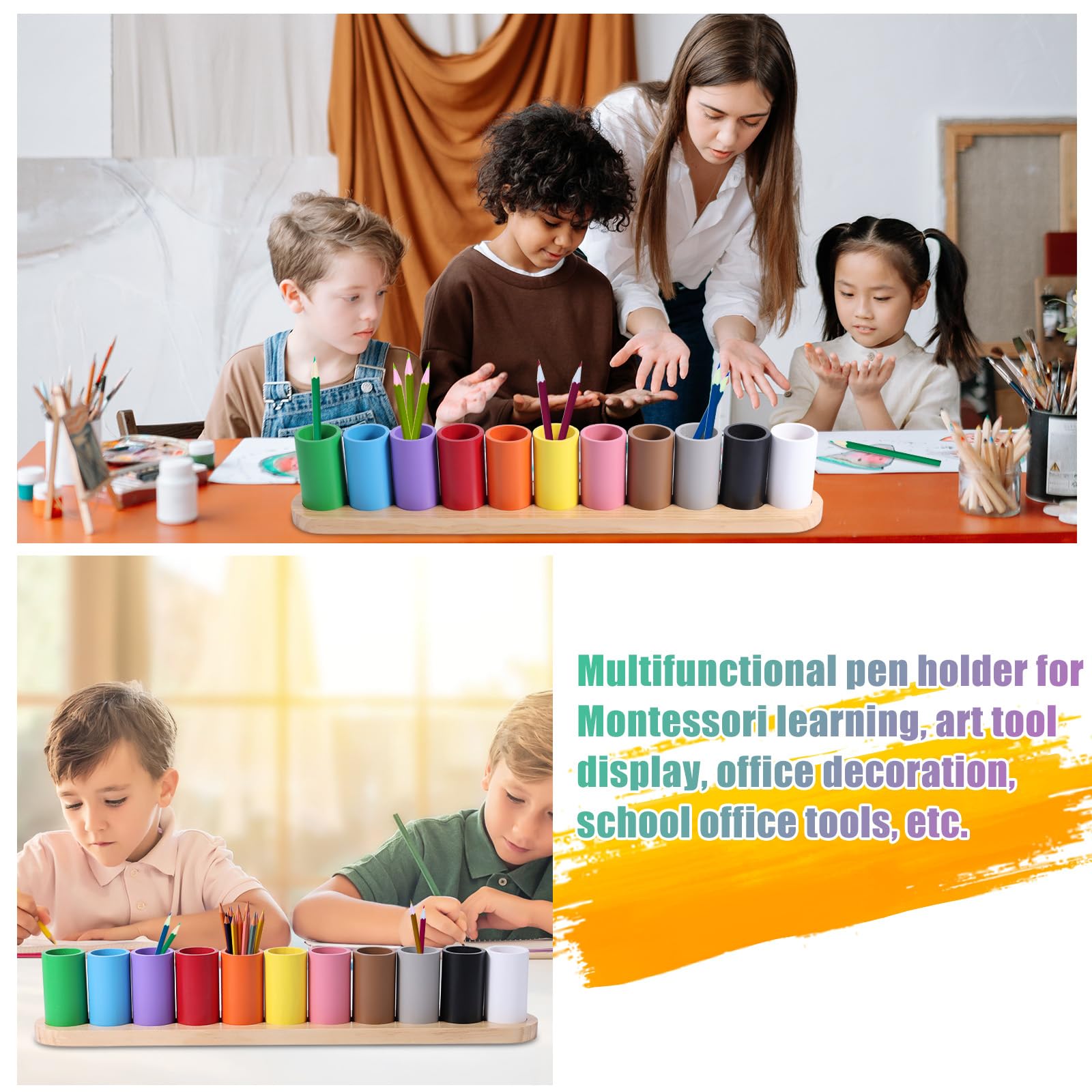 Buntstifthalter aus Holz, Montessori-Buntstift-Organizer 11 bewegliche Fächer Stiftebecherhalter Buntstift-Aufbewahrungsorganizer Markerhalter für Kinder Schreibtisch Büro Zuhause Schulbedarf