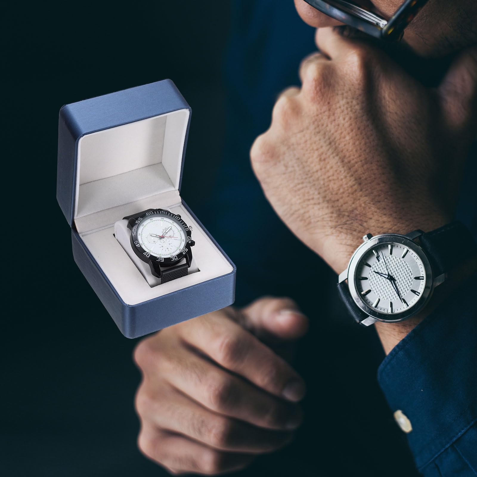 QUARKZMAN 2pz Custodia Orologio Singolo, Scatola Porta Orologio Viaggio in Pelle PU per Uomo Donna con Cuscino Rimovibile Porta Portatile per Maggior Parte Orologi, Blu