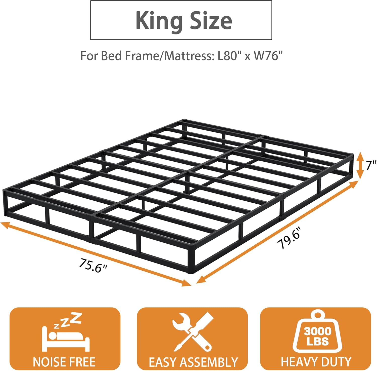 7 inch box spring king size bed base, 3000lbs heavy duty king box spring metal mattress foundation, tool-free easy assembly, noise free 7 inch high king