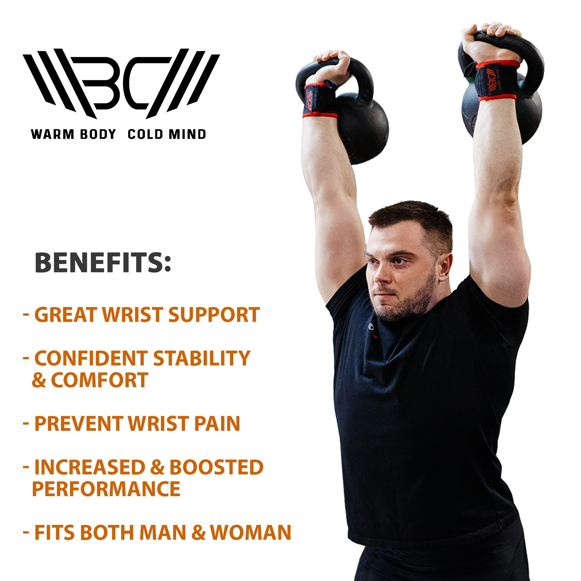 WARM BODY COLD MIND Velcro Muñequeras de Primera Calidad para Levantamiento de Pesas - Velcro Wrist Wraps Crossfit, Bodybuilding, Peso Muerto, Gimnasio, Entrenamiento, Fitness, Weightlifitng