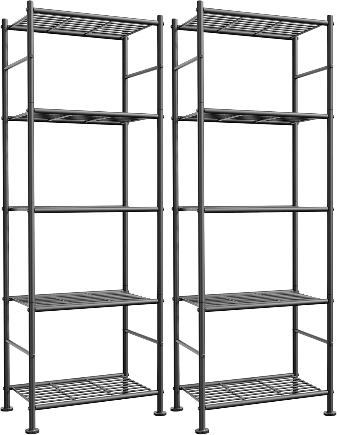 Storage Shelves - Set of 2, 5-Tier Metal Shelf Organizer, Space-Saving Garage Shelving with Leveling Feet, Standing Shelves Organizer for Kitchen, Laundry, Pantry (18.4" x 12.6" x 57.4", Black)