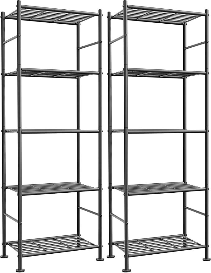 Storage Shelves - Set of 2, 5-Tier Metal Shelf Organizer, Space-Saving Garage Shelving with Leveling Feet, Standing Shelves Organizer for Kitchen, Laundry, Pantry (18.1"x12.3"x56.8", Black)