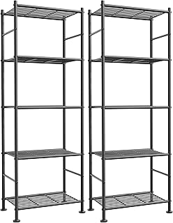 Storage Shelves - Set of 2, 5-Tier Metal Shelf Organizer, Space-Saving Garage Shelving with Leveling Feet, Standing Shelves Organizer for Kitchen, Laundry, Pantry (18.4" x 12.6" x 57.4", Black)