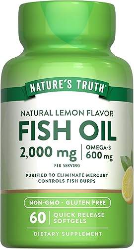 Nature's Truth Suplemento Omega 3 de aceite de pescado  2000 mg  60 cápsulas blandas  EPA y DHA  Sabor a limón  Sin OMG y sin gluten