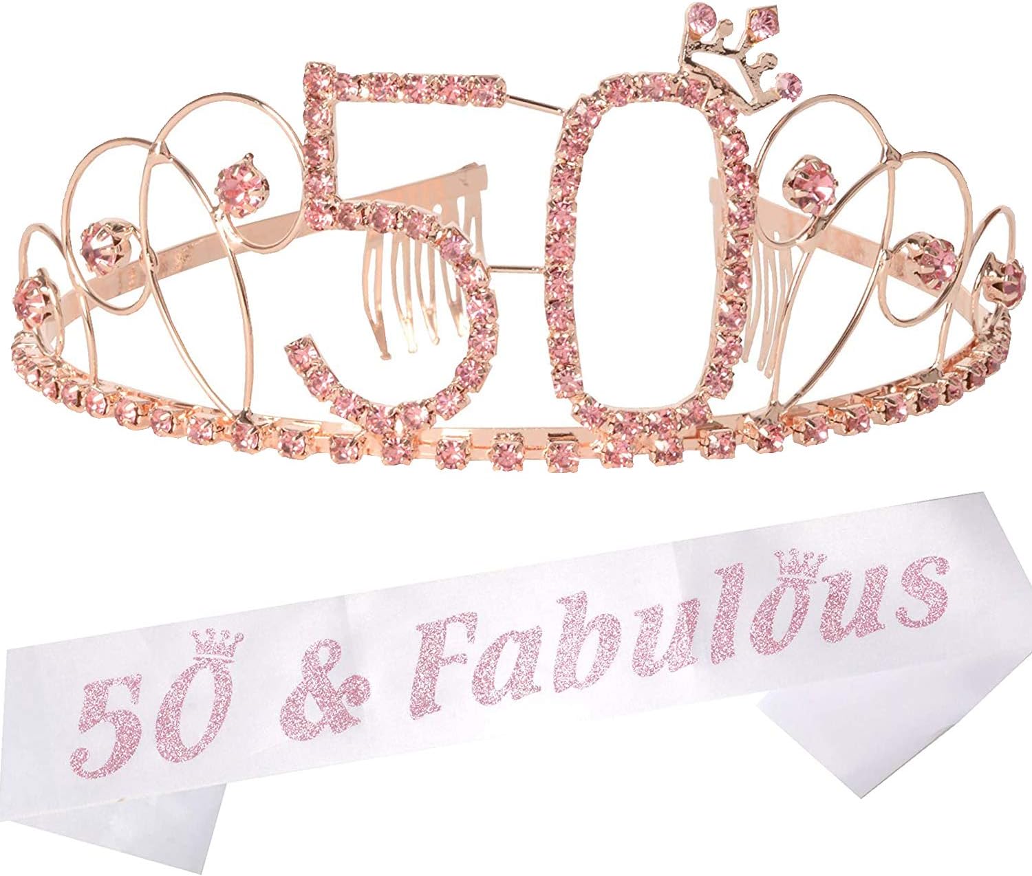 MEANT2TOBE 50th Birthday Sash and Tiara for Women - Fabulous Glitter Sash + Basic Rhinestone Pink Premium Metal Tiara for Her, 50th Birthday Gifts for 50 Party