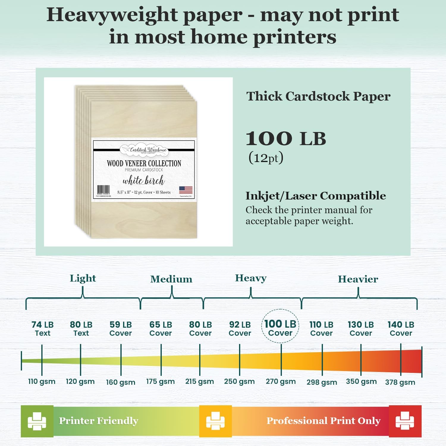Cardstock Warehouse White Birch Wood Veneer Cardstock Paper – 10 Sheets, 8.5 x 11" – 100 lb. / 12 Pt. Premium Cover Cardstock for Invitations, Card Making, Scrapbooking, Tags & DIY Projects