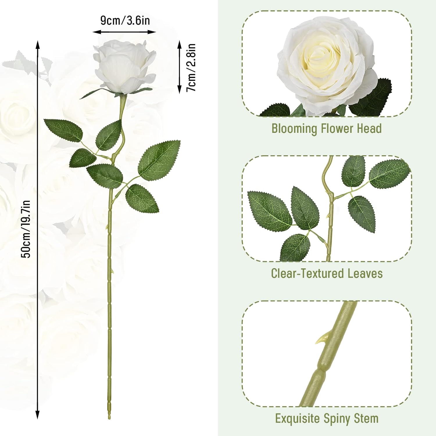 Waipfaru 8 Pcs Fake White Roses Artificial Flowers Bulk, Real Touch Silk Faux Roses with Long Stems for Wedding Bouquet Vase Flower Arrangement Table Centerpieces Home Decor (White) - Image 6