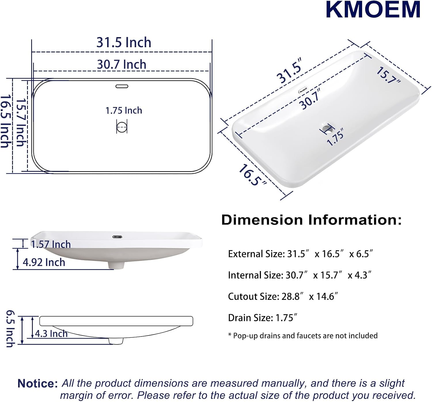 Vessel Sink 32"x17" Semi Recessed Bathroom Sink Drop-in Bathroom Sink Support Dual Faucet Installation White Porcelain Ceramic Modern Rectangular Vanity Sinks with Overflow