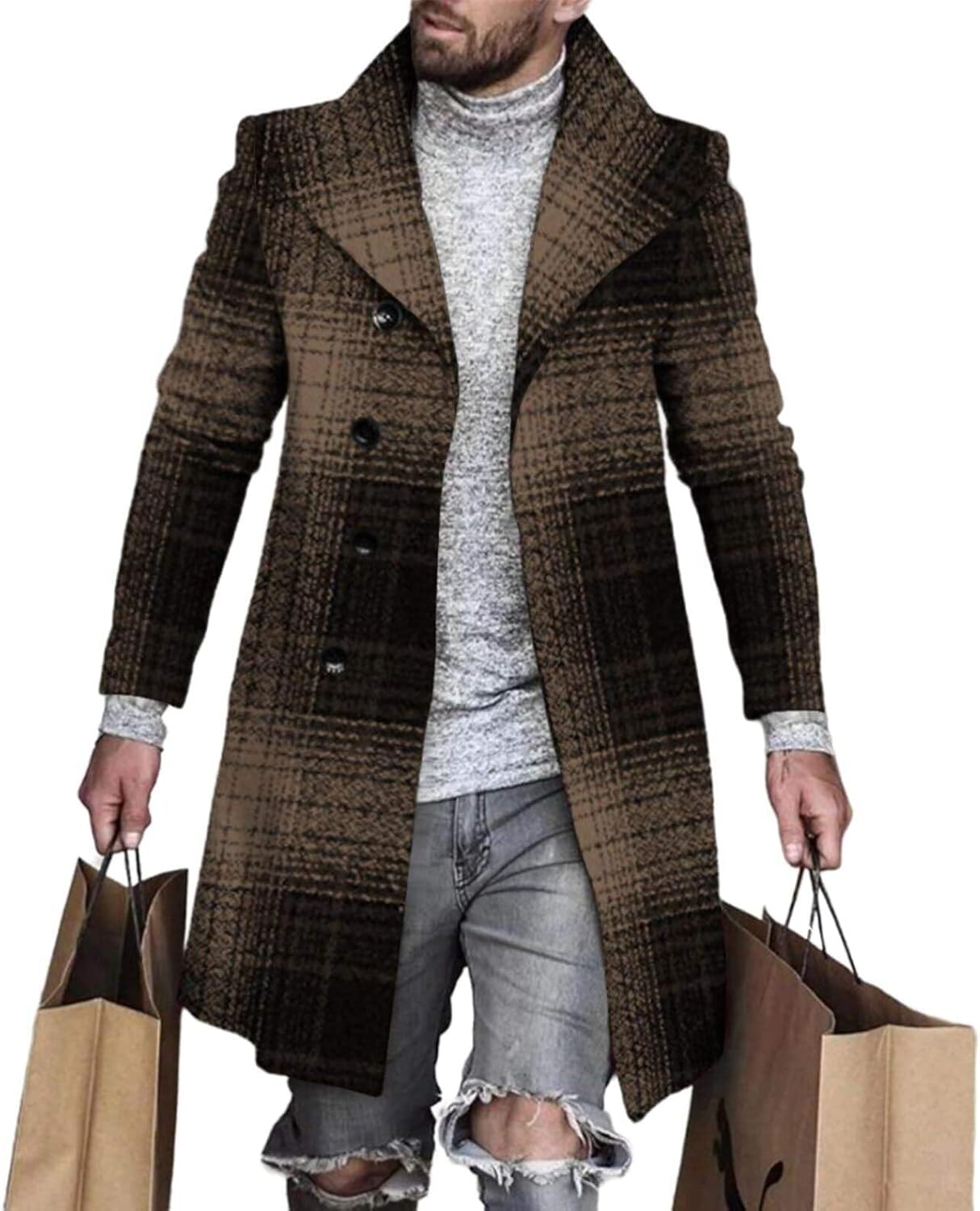 Men's Plaid Long Trench Coat Mid - Length Lapel Collar Button Down Warm Overcoat for Winter & Autumn Fashion