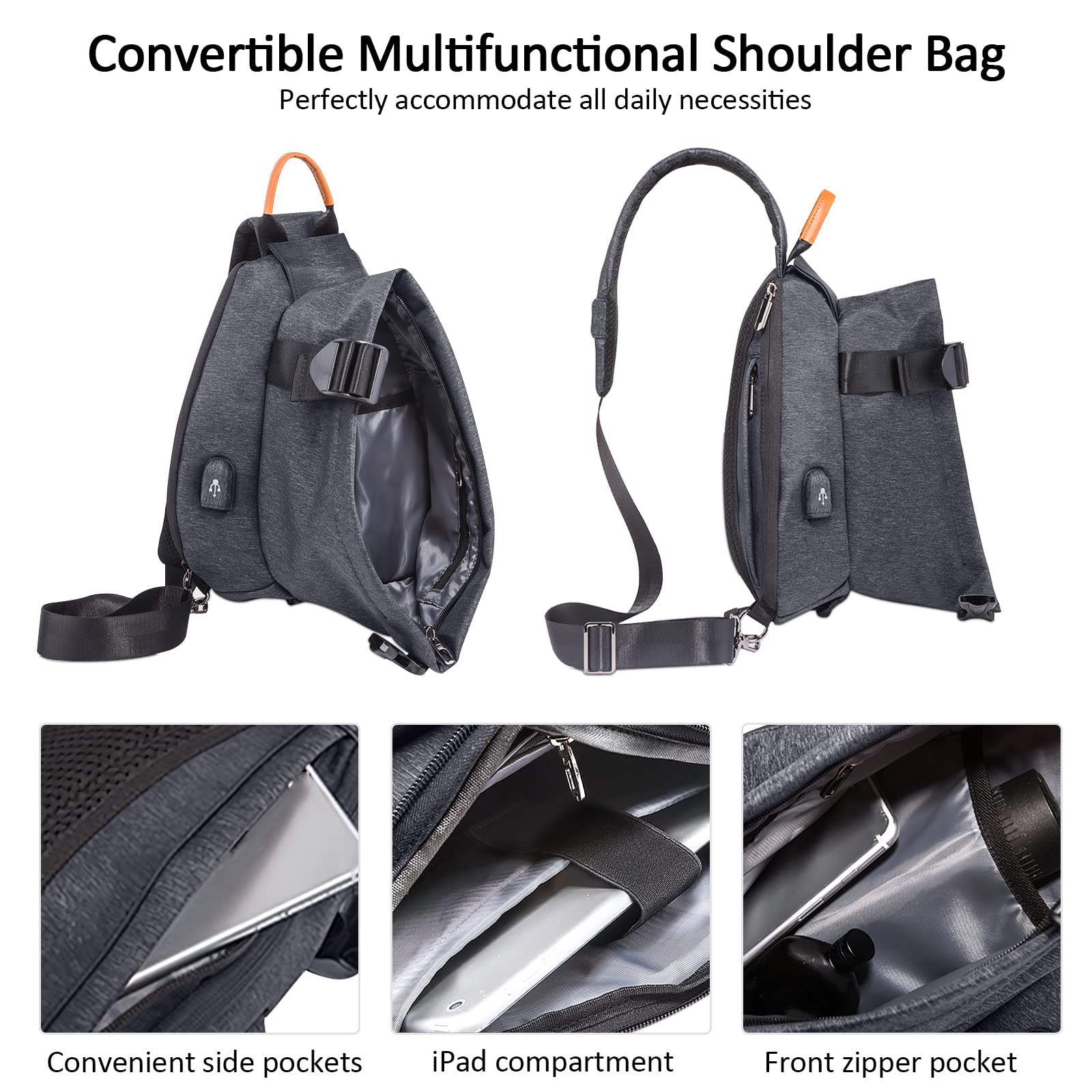 Sac de Poitrine Homme Mode USB Sling Sac Voyage Bandoulière Portable Camping