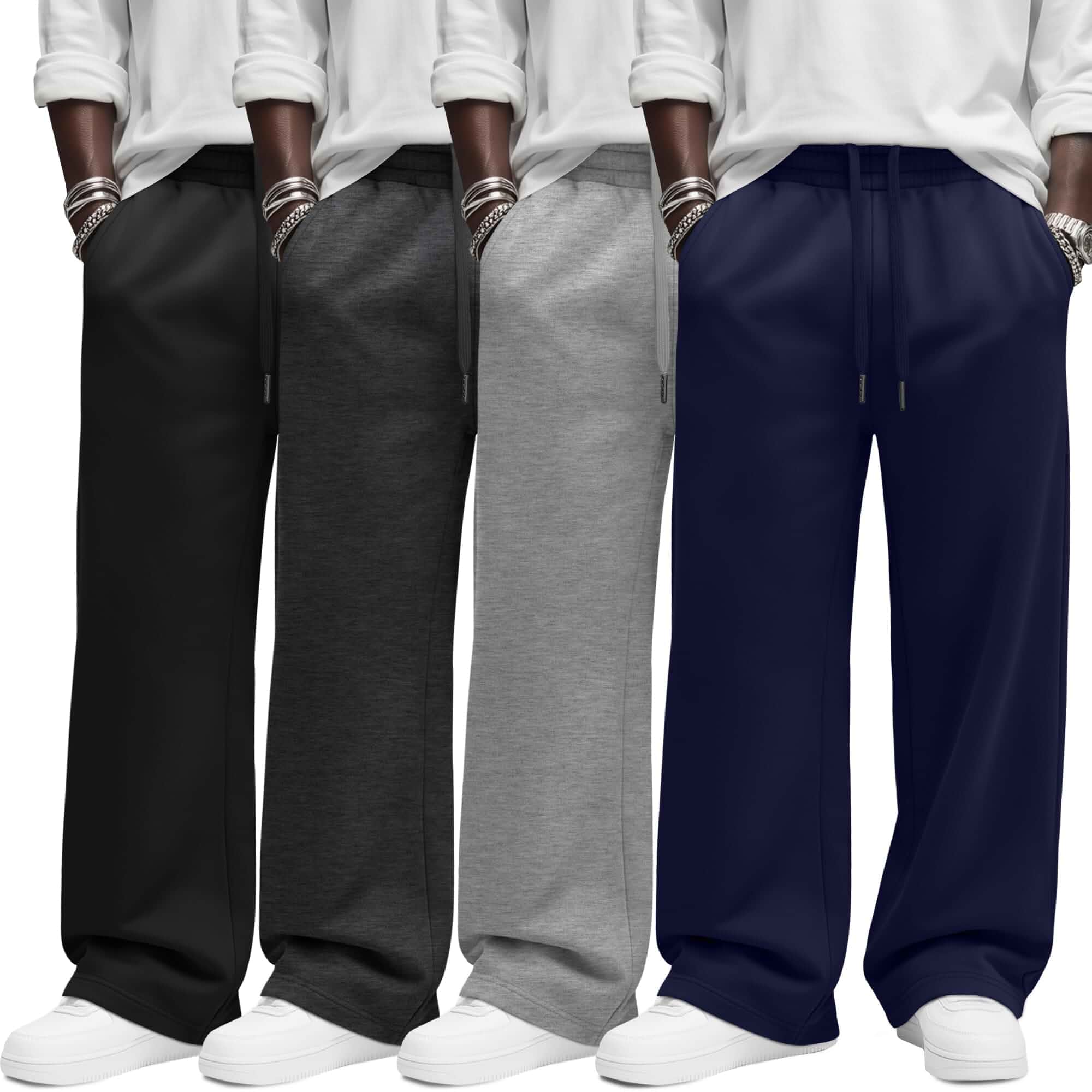 Neer 4 Pack Men's Baggy Wide Leg Sweatpants with Drawstring Open Bottom Drawstring Trousers, Elastic Waist Athletic Pants, Gym Lounge Pants with Pockets, Cotton Uncuffed, Relaxed Fit
