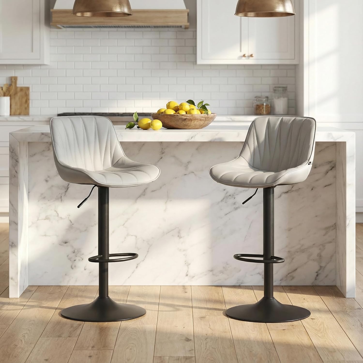 YOUNIKE Bar Stools Set of 2, Swivel Tall Barstools with Back, Adjustable Height Faux Leather Upholstered Modern Counter Height Bar Chairs, Grey