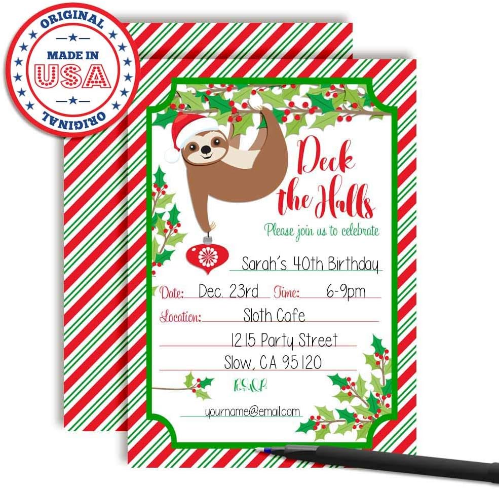 Deck The Halls Christmas Sloth Holiday Party Invitations, 20 5x7 Fill In Cards with Twenty White Envelopes by AmandaCreation