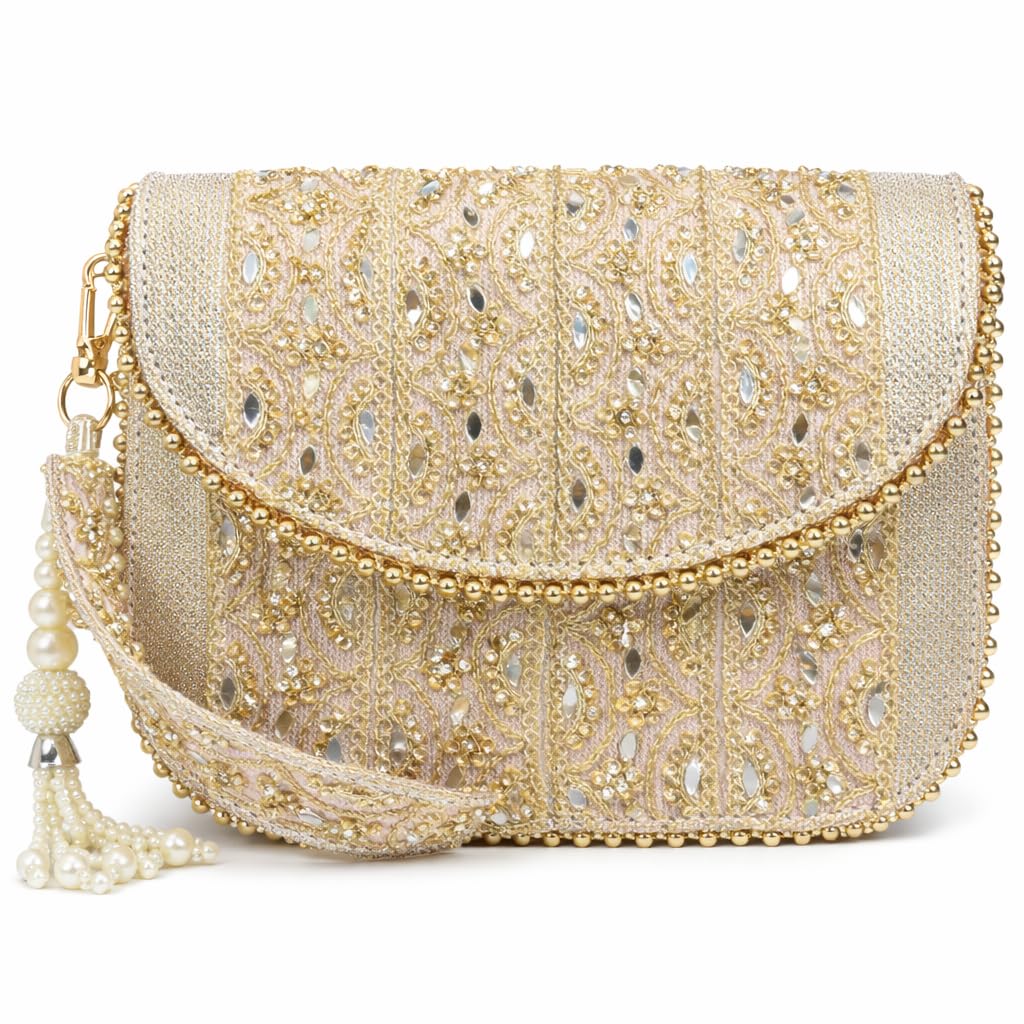 Women’s Blush Pink Bridal Clutch Bag, Wedding Purse, Pearl Clutch, Gold Embroidered Hand Purse, Ladies Clutch Purse, Small Bridal Hand Bag for Reception, Mehendi, Sangeet, Ethnic Occasion-image-46