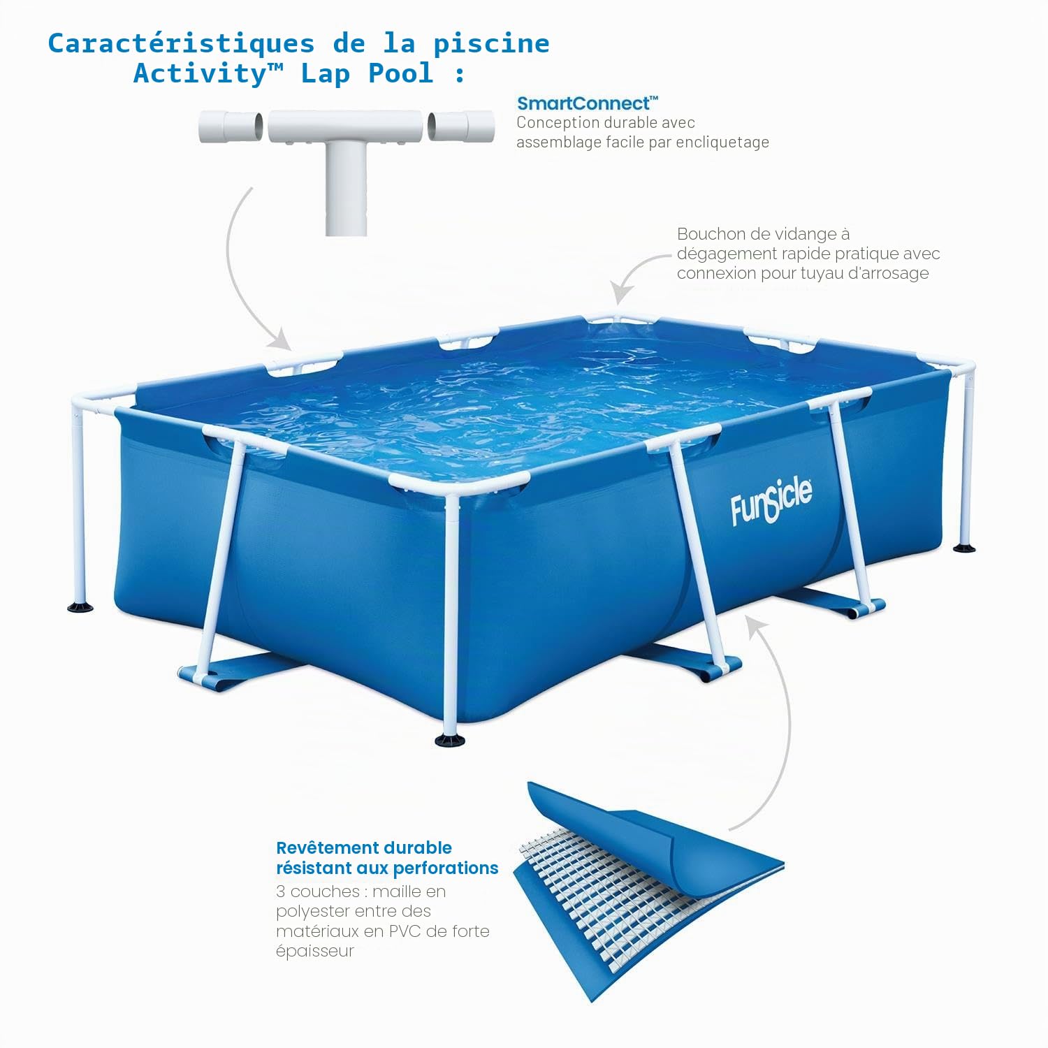 FUNSICLE Piscine Tubulaire Rectangulaire 2,60 x 1,60 x 0,66 m 2470 l Bleu | Acier, durable, usage jardin et piscine, liner toughmesh™ 3 couches, capacité 2470, bleu, installation rapide