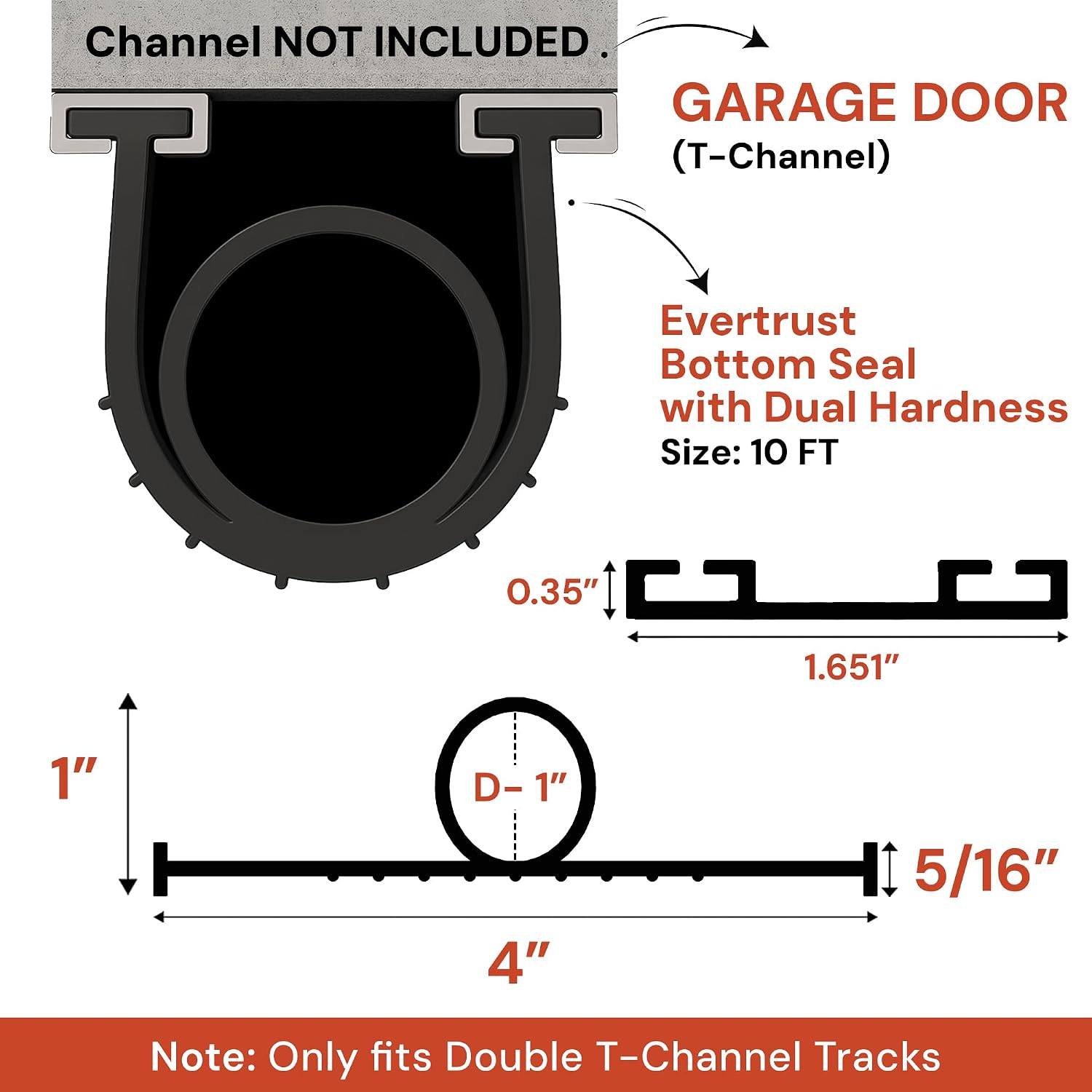 10Ft/3M Garage Door Bottom Seal Dual Hardness 5/16 inch T-Ends