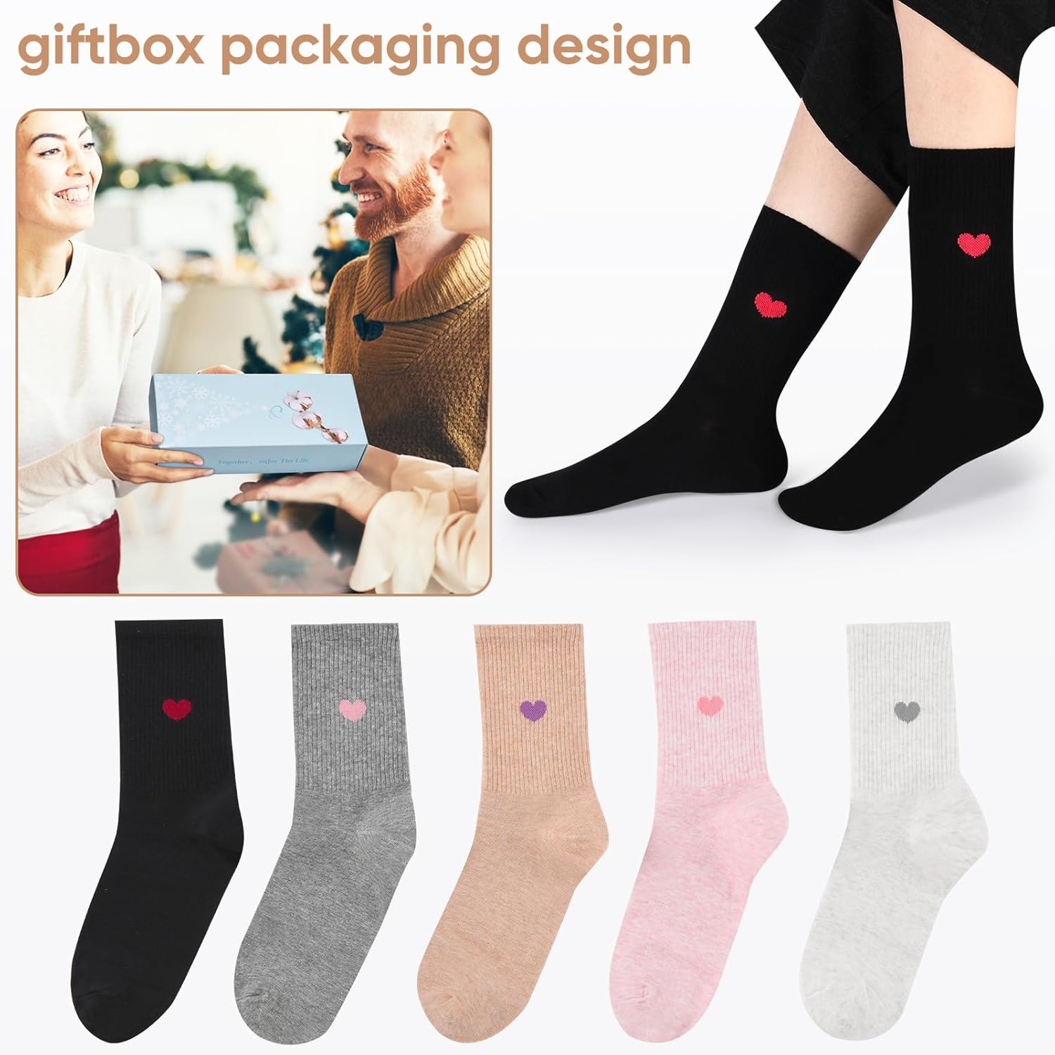 Corlap Women's Cute Cotton Crew Athletic Running Socks - Ankle High, Novelty Fun Heart Design 5-Pairs (Gift Box) - Image 2